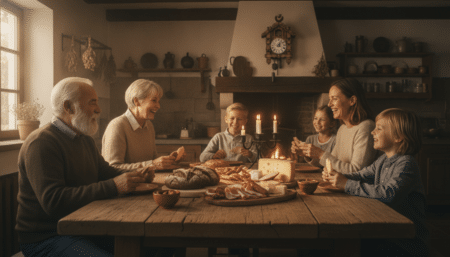 Famille allemande dînant tôt avec pain et charcuterie