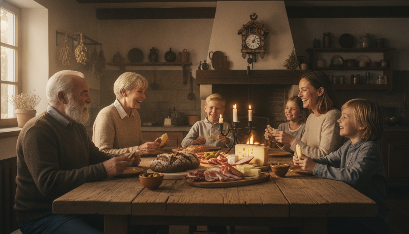 Famille allemande dînant tôt avec pain et charcuterie
