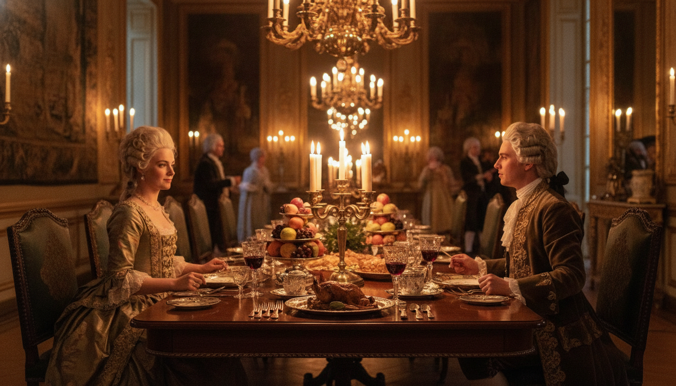 Dîner aristocratique français au XVIIIe siècle aux chandelles