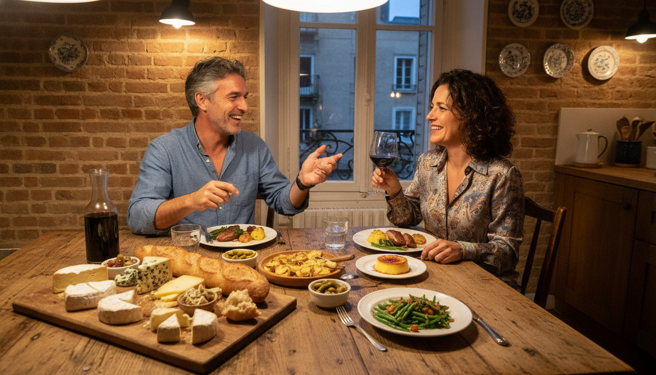 Couple français dînant à 20h avec fromage et vin