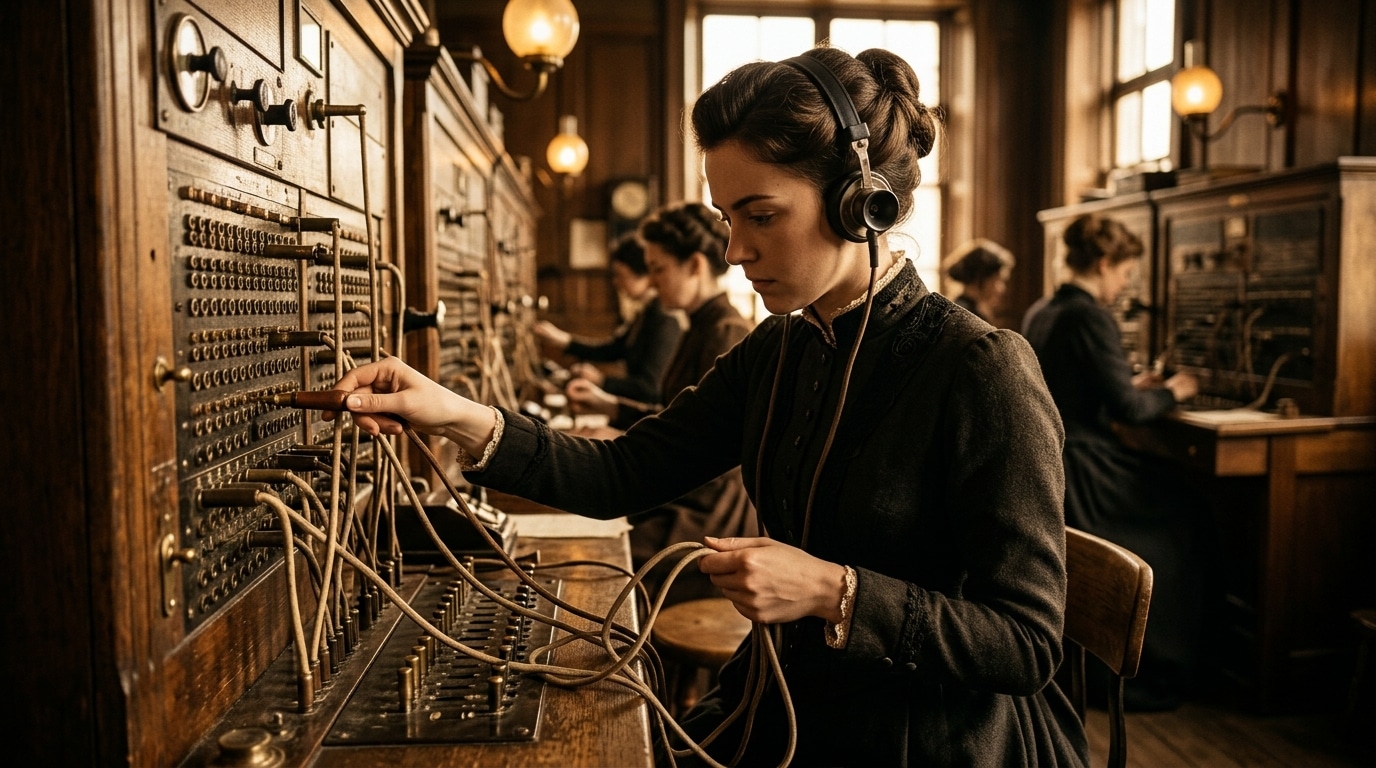 Standardiste téléphonique des années 1880 au travail