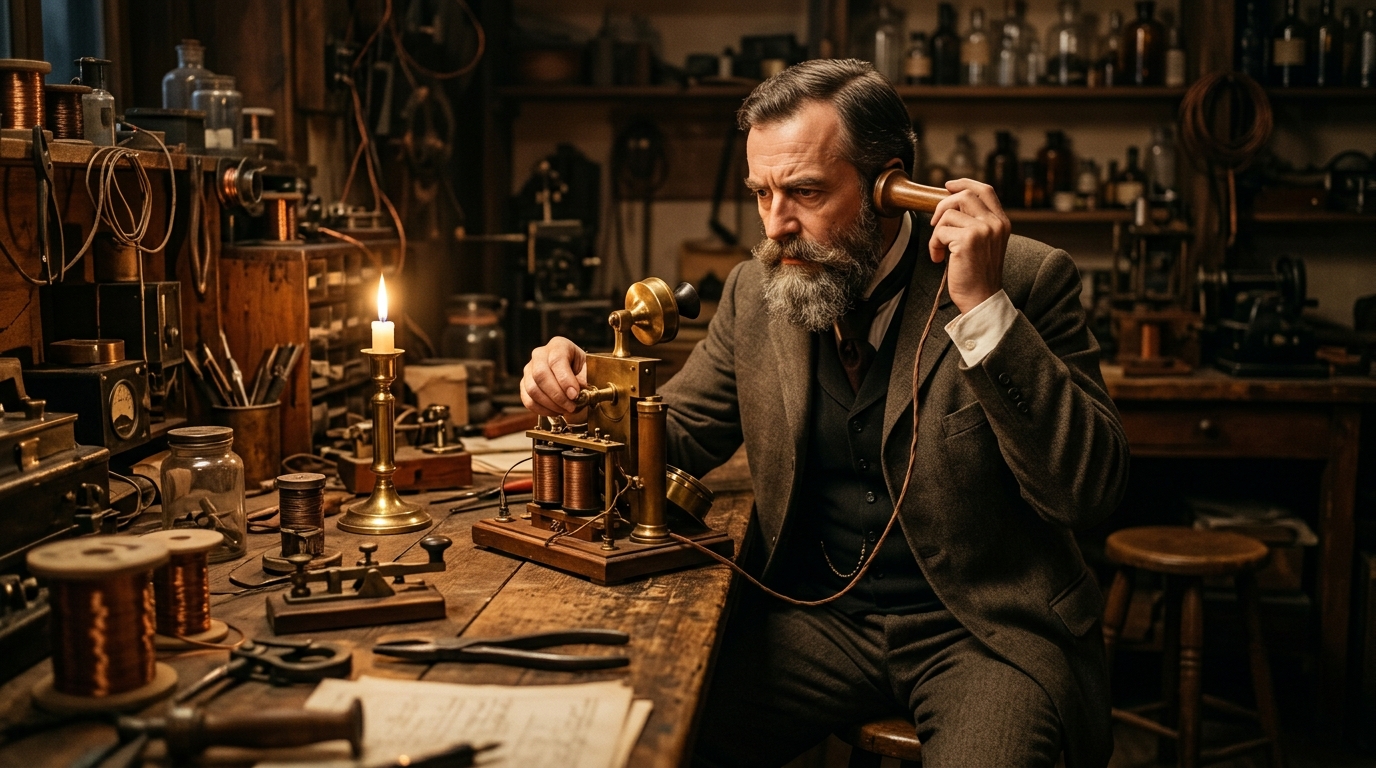 Ingénieur hongrois du XIXe siècle avec un téléphone ancien