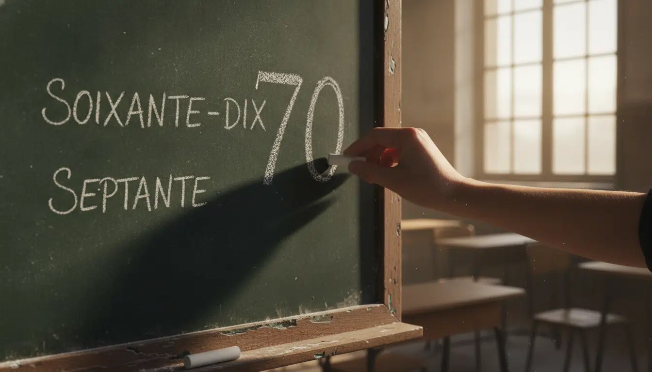 Main écrivant soixante-dix et septante sur un tableau noir