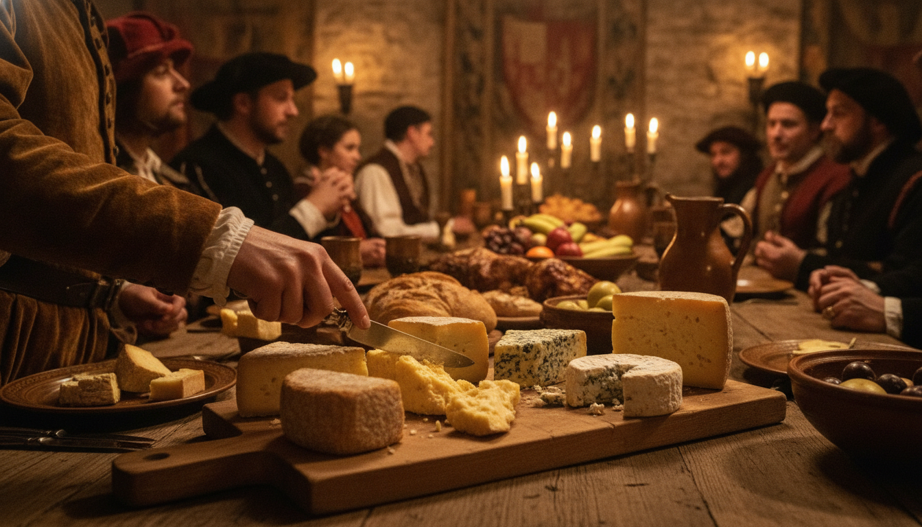 Banquet médiéval avec plateau de fromages à la lueur des bougies