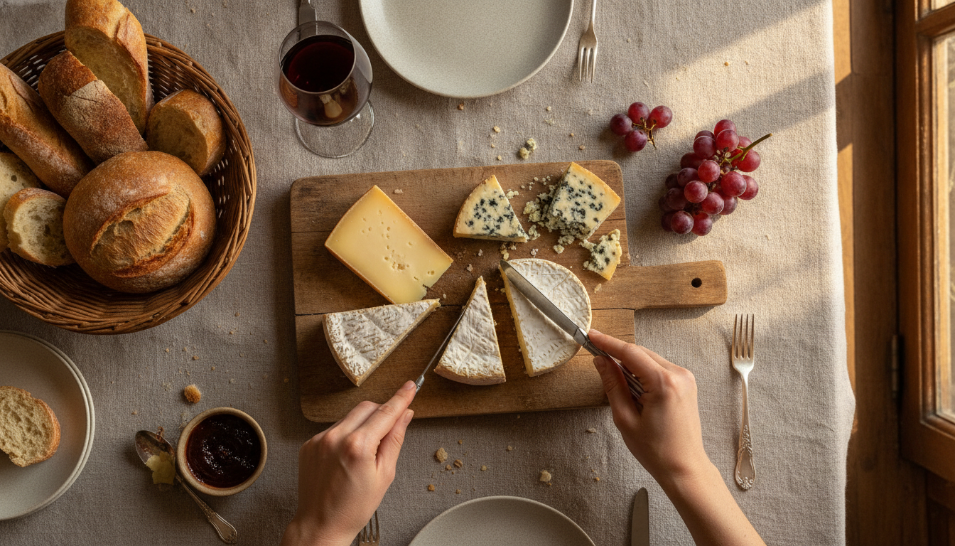 Plateau de fromages français servi pendant un repas traditionnel