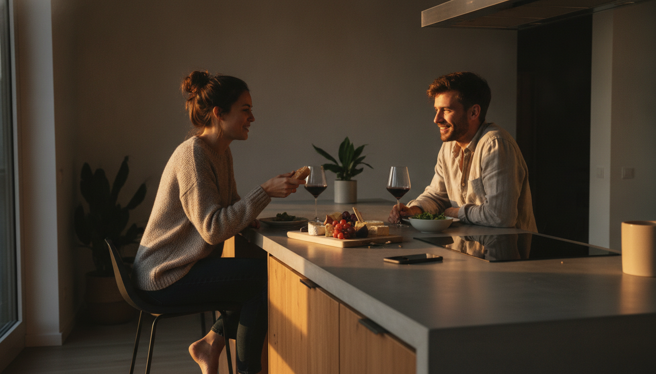 Jeune couple dégustant du fromage lors d'un dîner moderne