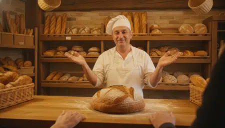 Boulanger artisan refusant de trancher un pain de campagne