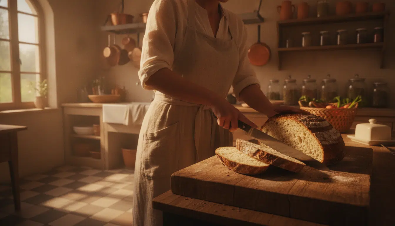 Femme tranchant un pain au levain dans sa cuisine