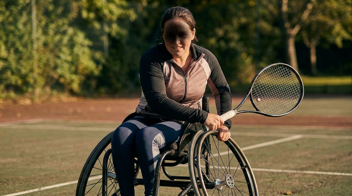 Femme en fauteuil roulant tenant une raquette de tennis sur un terrain