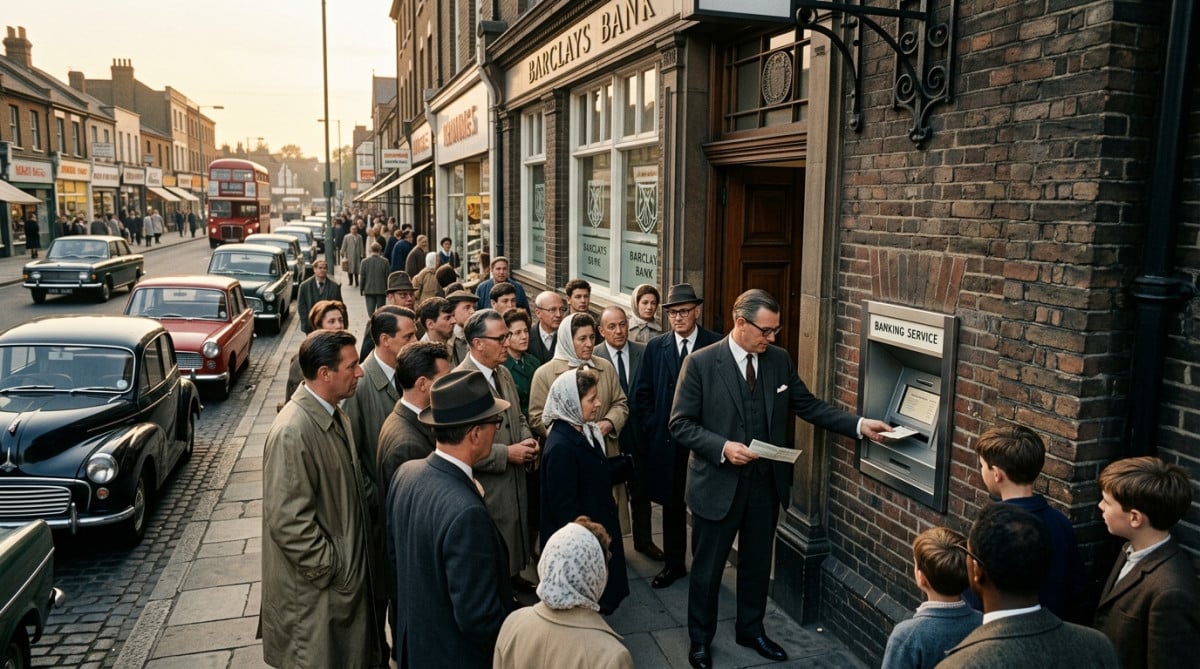 Premier distributeur automatique de billets à Londres en 1967
