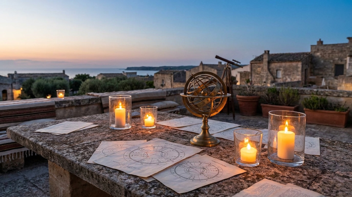 Terrasse au crépuscule avec globe céleste et cartes astrales