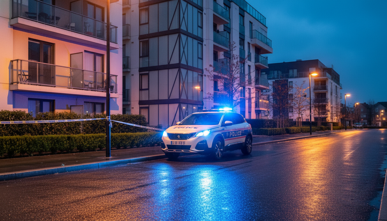 Voiture de police garée devant un immeuble de banlieue