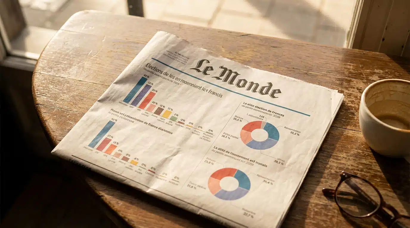 Journal avec graphiques de sondages électoraux posé sur une table en bois