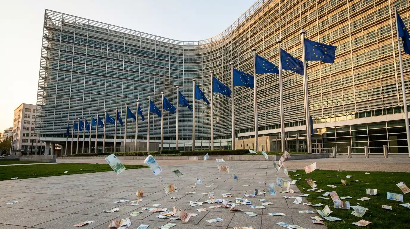 Bâtiment de la Commission européenne avec billets en euros