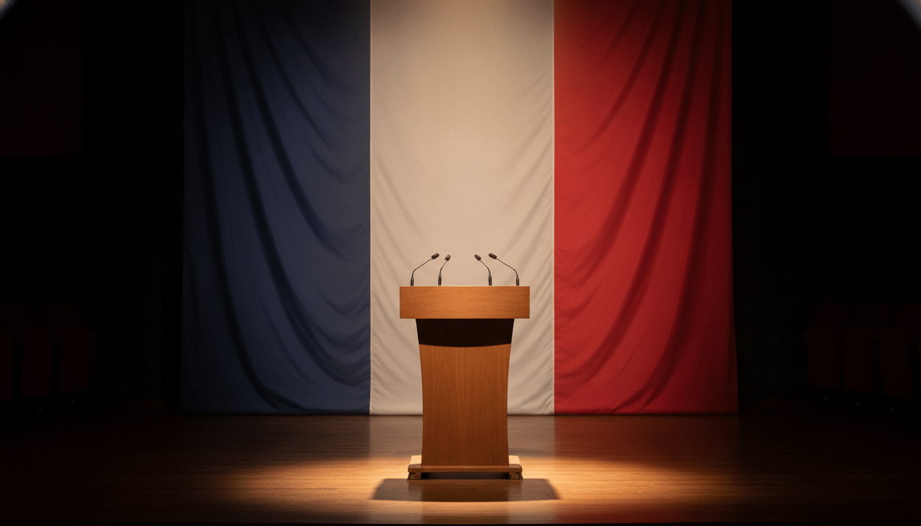 Podium vide d'un débat politique avec drapeaux français
