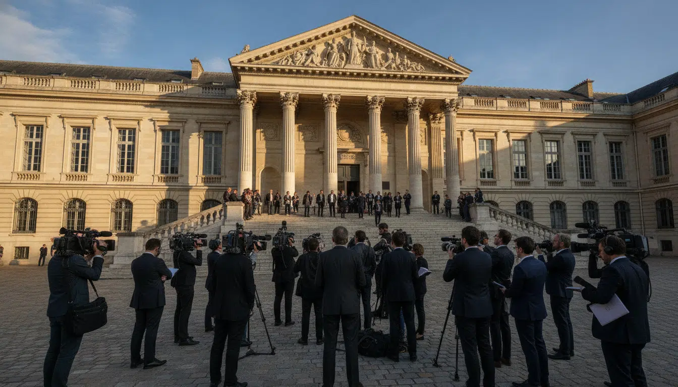 Entrée d'un tribunal criminel français avec journalistes
