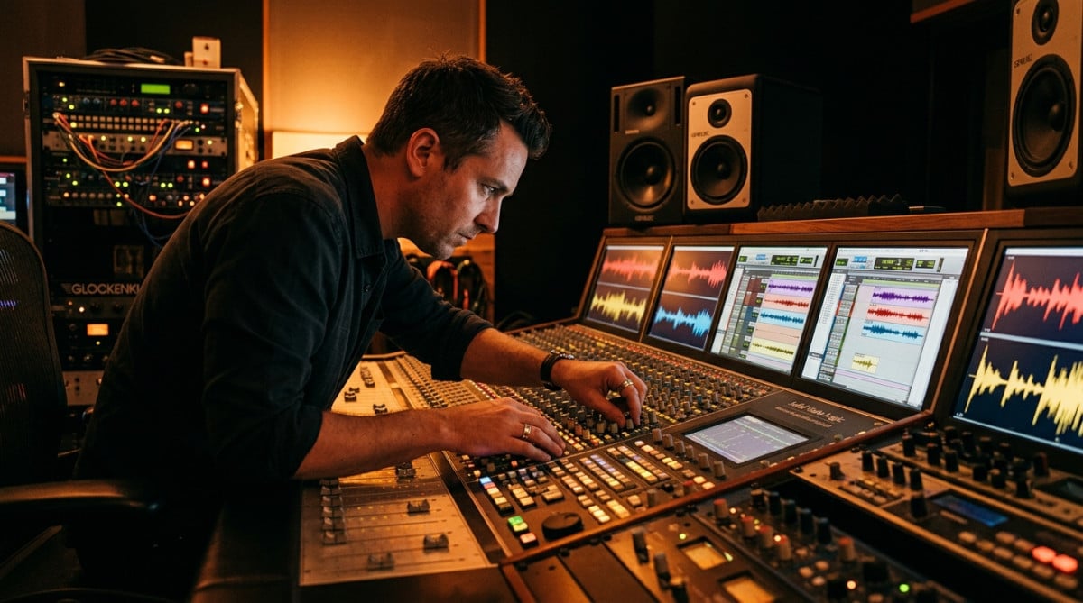 Producteur de musique en studio analysant des morceaux courts