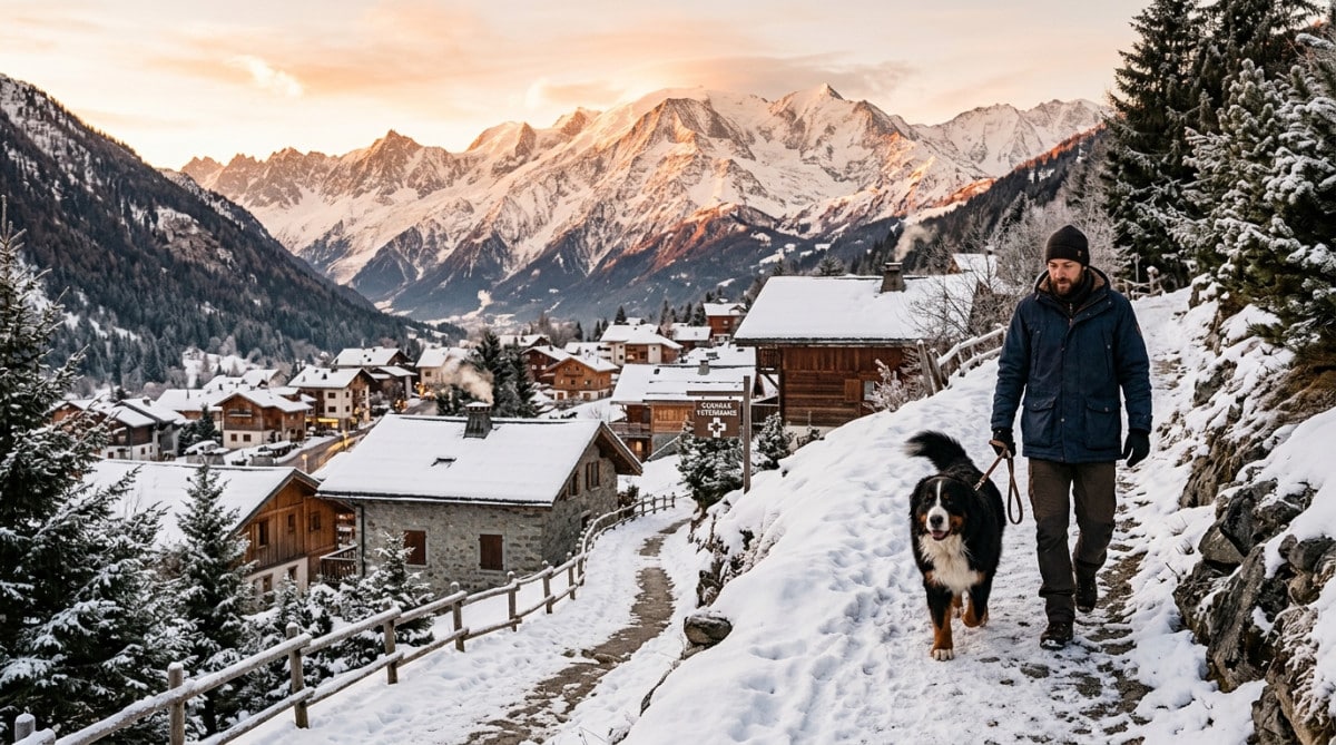 Promeneur avec un chien de montagne en Haute-Savoie enneigée