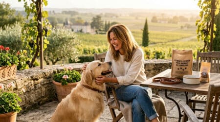 Propriétaire avec son chien sur une terrasse en Gironde
