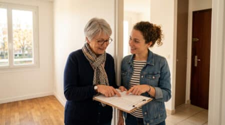 Propriétaire et locataire réalisant un état des lieux dans un appartement vide