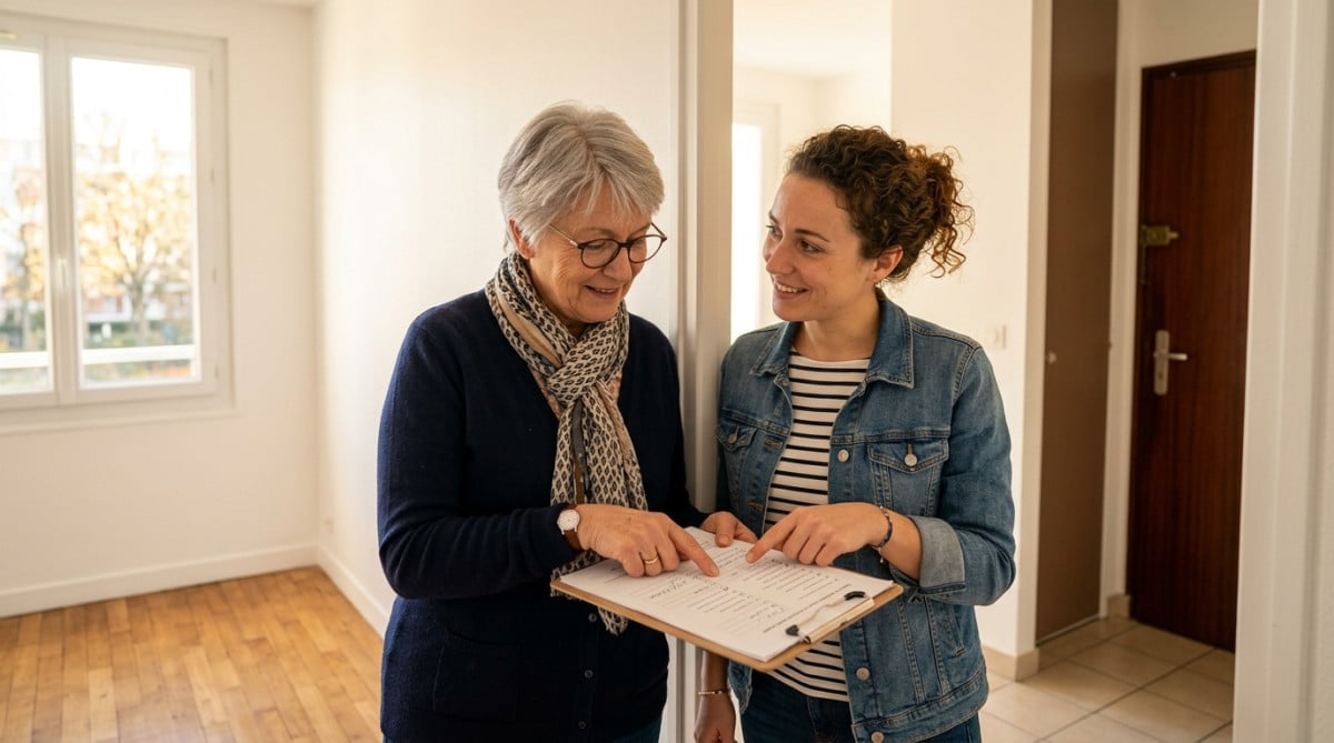 Propriétaire et locataire réalisant un état des lieux dans un appartement vide