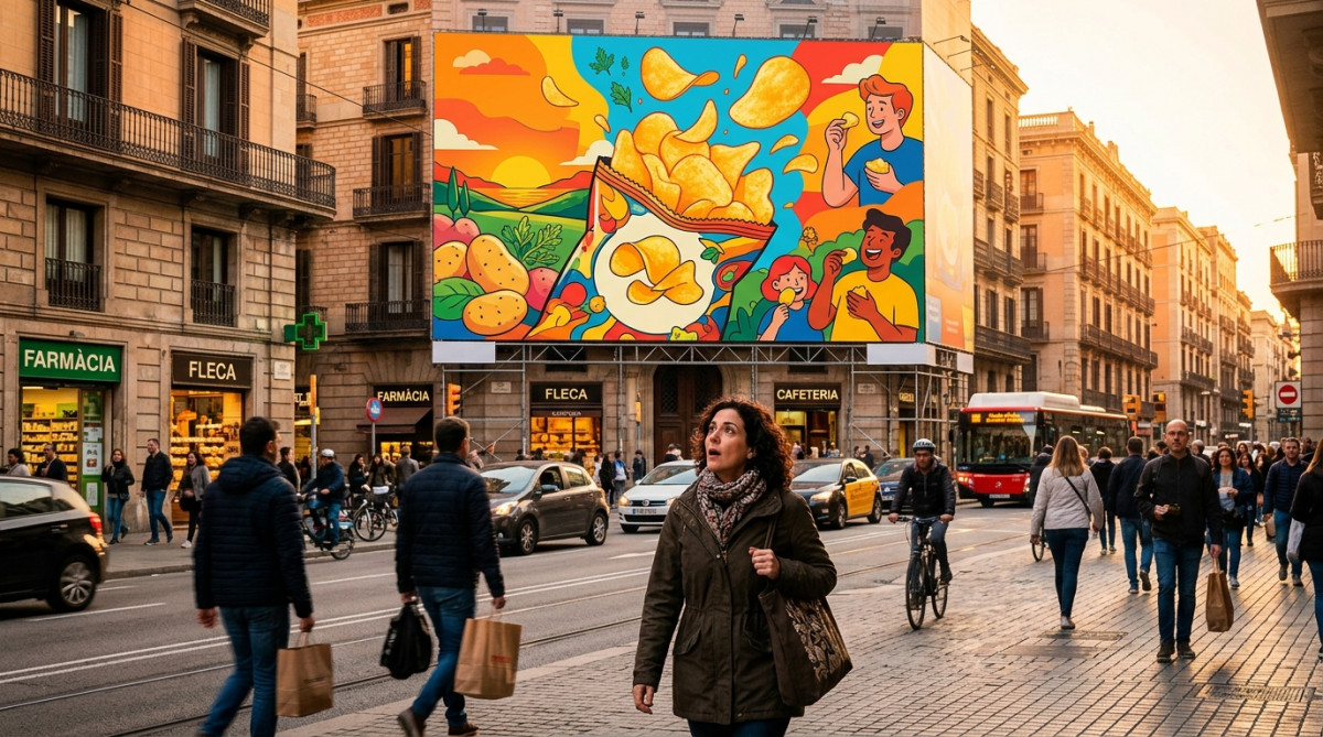 Publicité géante pour des chips dans une rue européenne