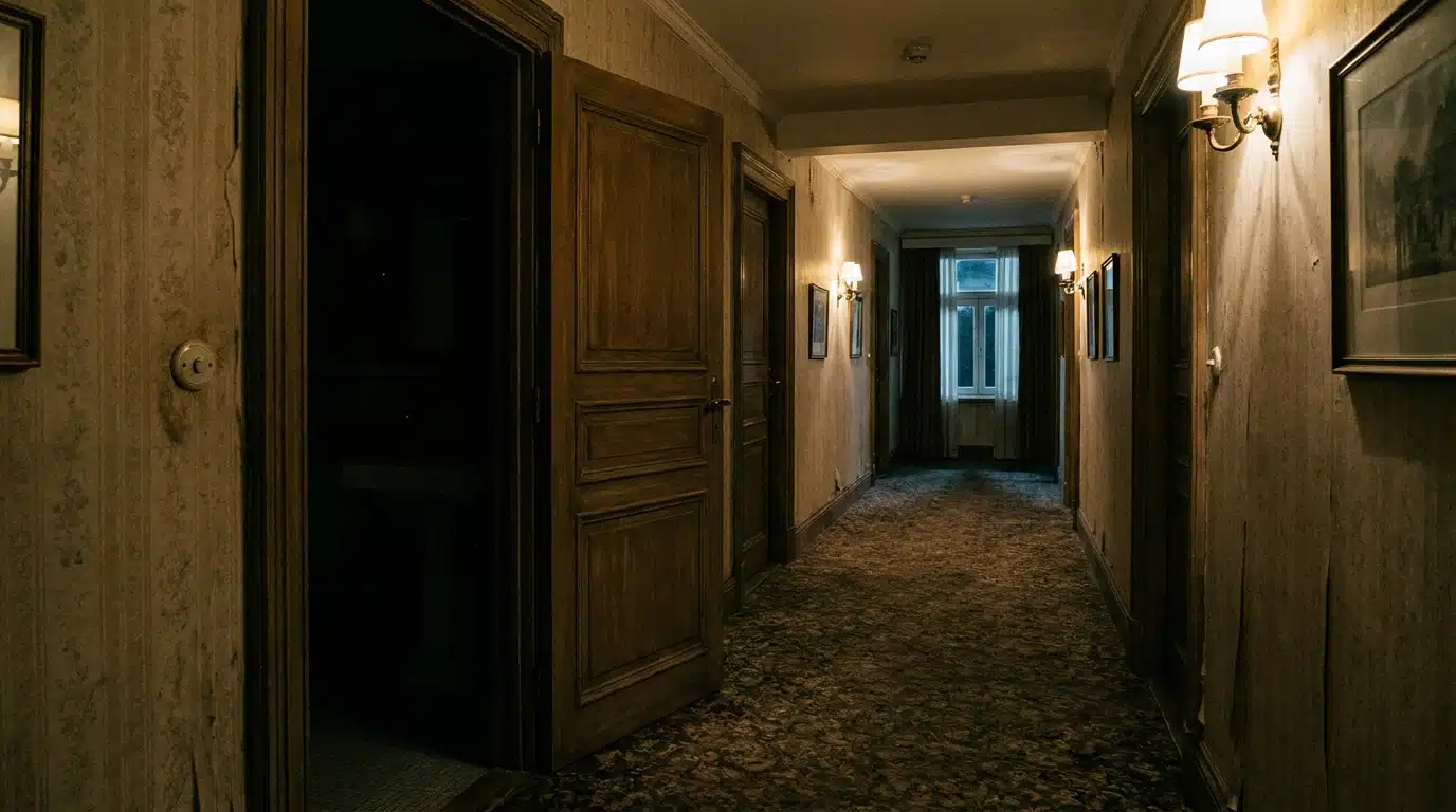 Couloir d'hôtel sombre avec porte de salle de bains entrouverte