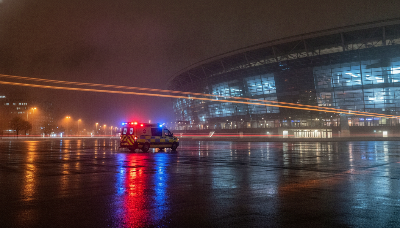 Ambulance garée devant une arena de concert la nuit, évoquant l'évacuation de Lionel Richie