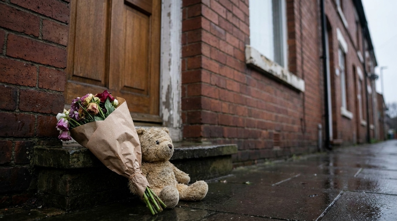 Peluche et fleurs déposées sur le seuil d'une maison