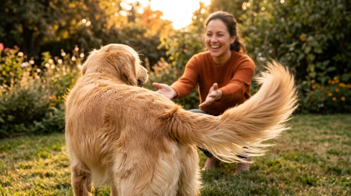 Queue de chien battant vers la droite devant son maître