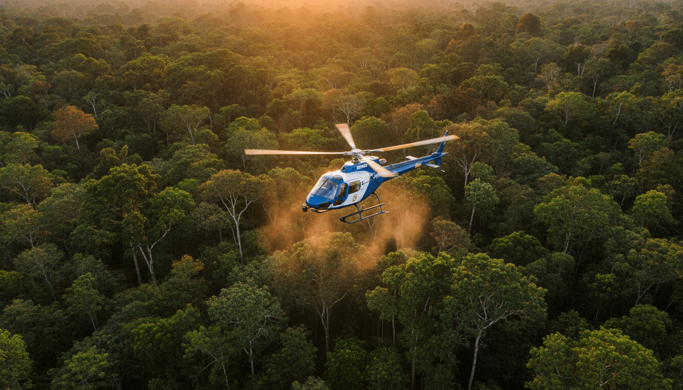 Hélicoptère de police survolant une forêt brésilienne