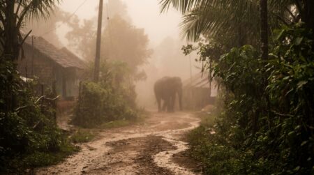 Sentier brumeux du Kerala avec silhouette d'éléphant dans le brouillard