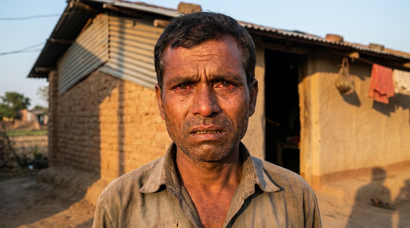 Homme indien en deuil devant une maison rurale