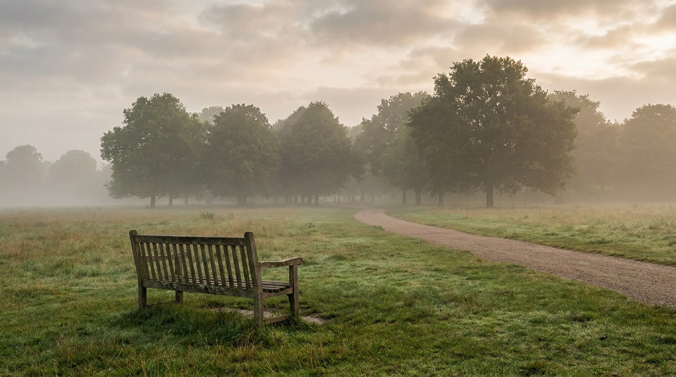 Parc londonien désert sous la brume matinale