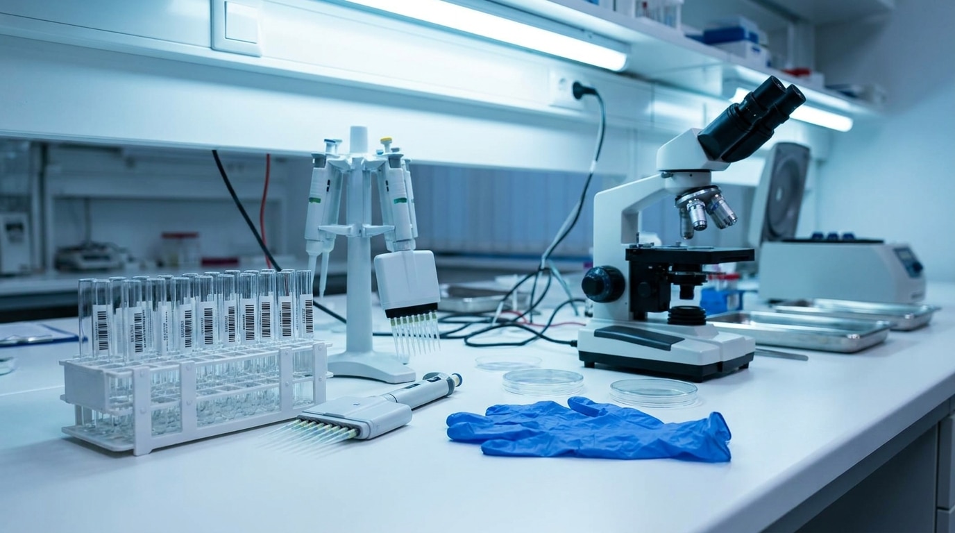 Matériel d'analyse ADN sur une paillasse de laboratoire