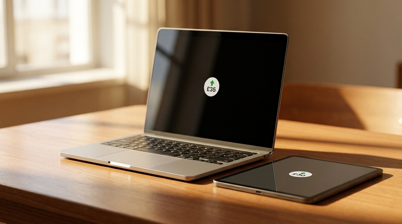MacBook et iPad posés sur un bureau avec étiquettes de prix