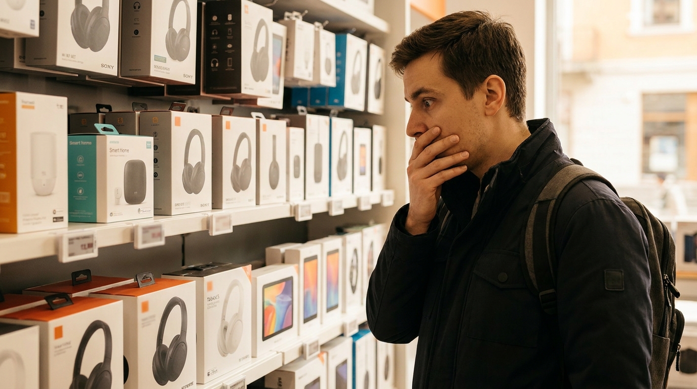 Personne stupéfaite devant les prix dans un rayon high-tech
