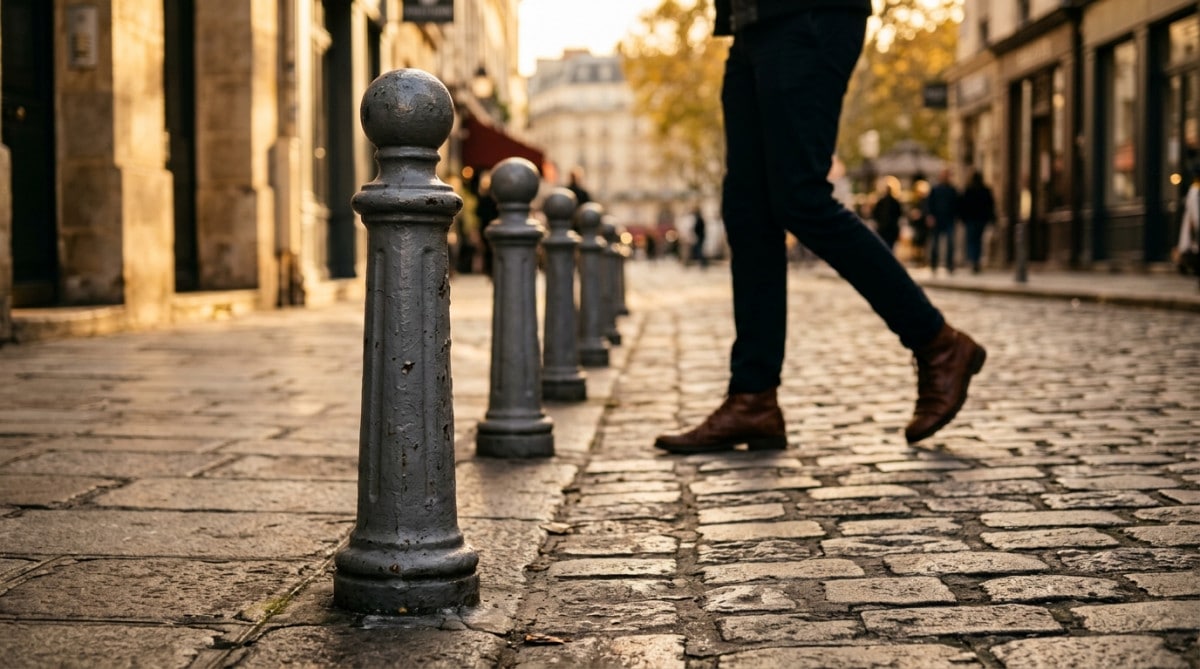 Rangée de potelets métalliques sur un trottoir français