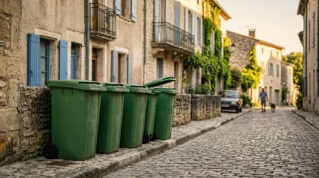 Rangée de poubelles vertes dans une rue française