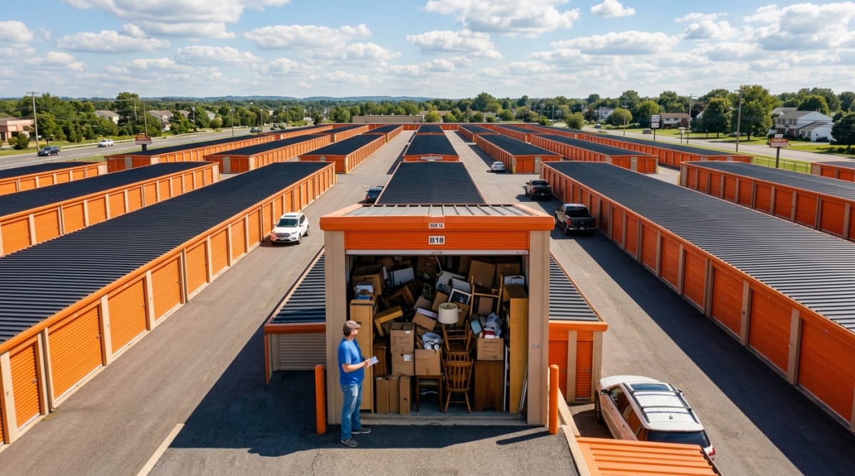 Rangées de garde-meubles remplis d'objets stockés