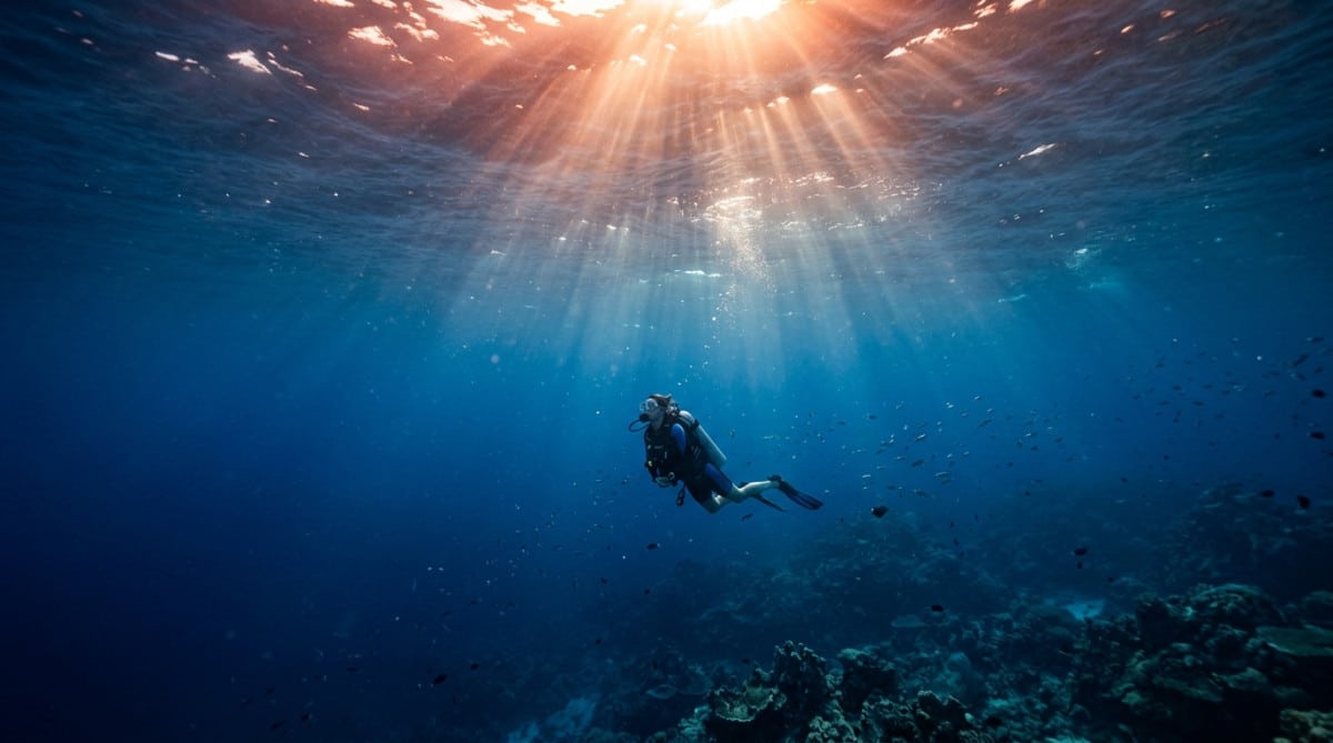 Rayons de lumière pénétrant dans l'eau bleue de l'océan