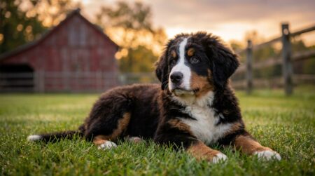 Chiot Bouvier Bernois couché seul dans l'herbe d'une ferme