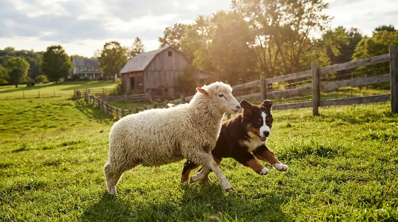 Chienne Bouvier Bernois et brebis jouant ensemble dans un pré