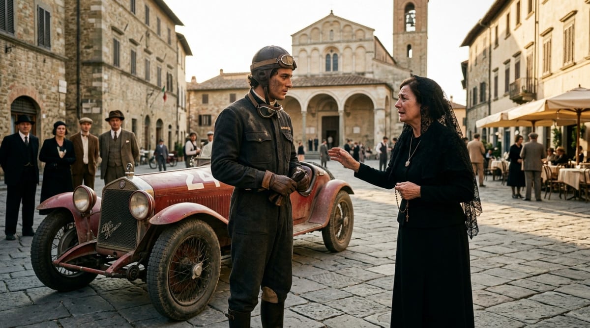 Rencontre entre le jeune Enzo Ferrari et la comtesse Baracca dans les années 1920