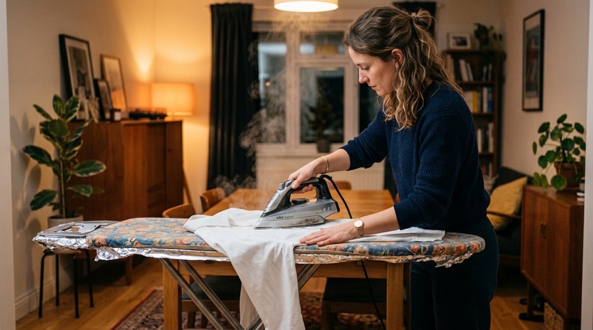 Repassage d'une chemise avec feuille d'alu sous la housse