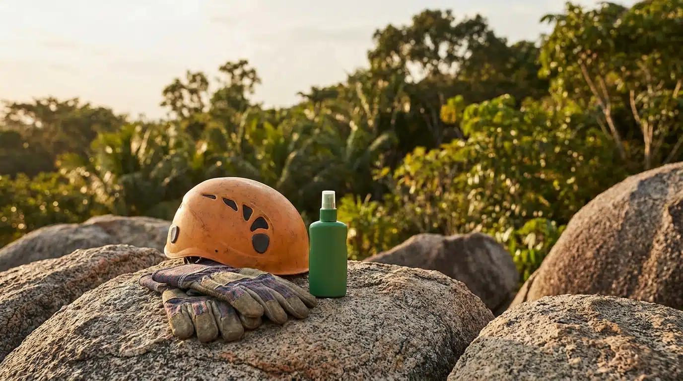 Casque de randonnée, gants et répulsif anti-insectes sur un rocher