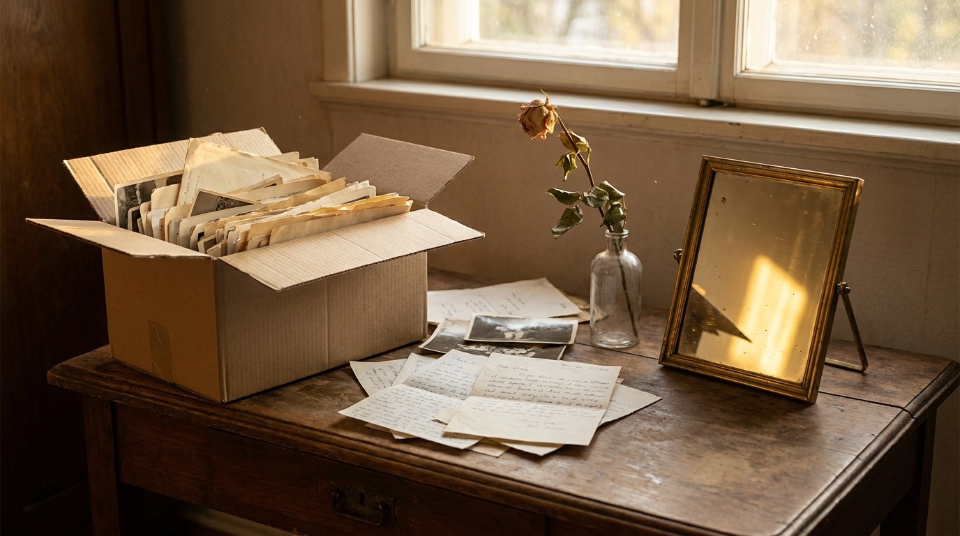 Vieux bureau avec lettres anciennes et fleur séchée