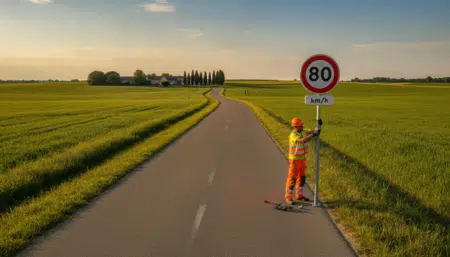 Panneau 80 km/h installé sur une route de campagne française