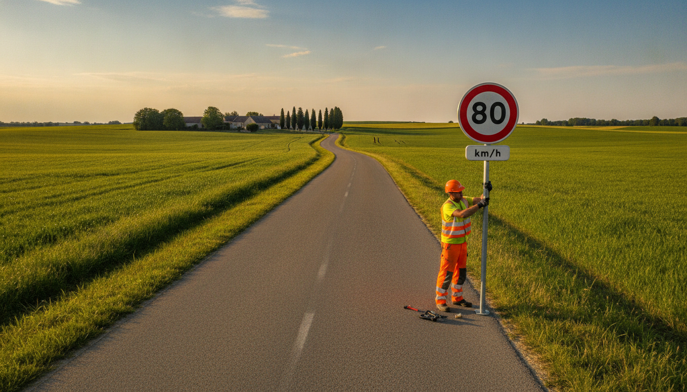 Panneau 80 km/h installé sur une route de campagne française