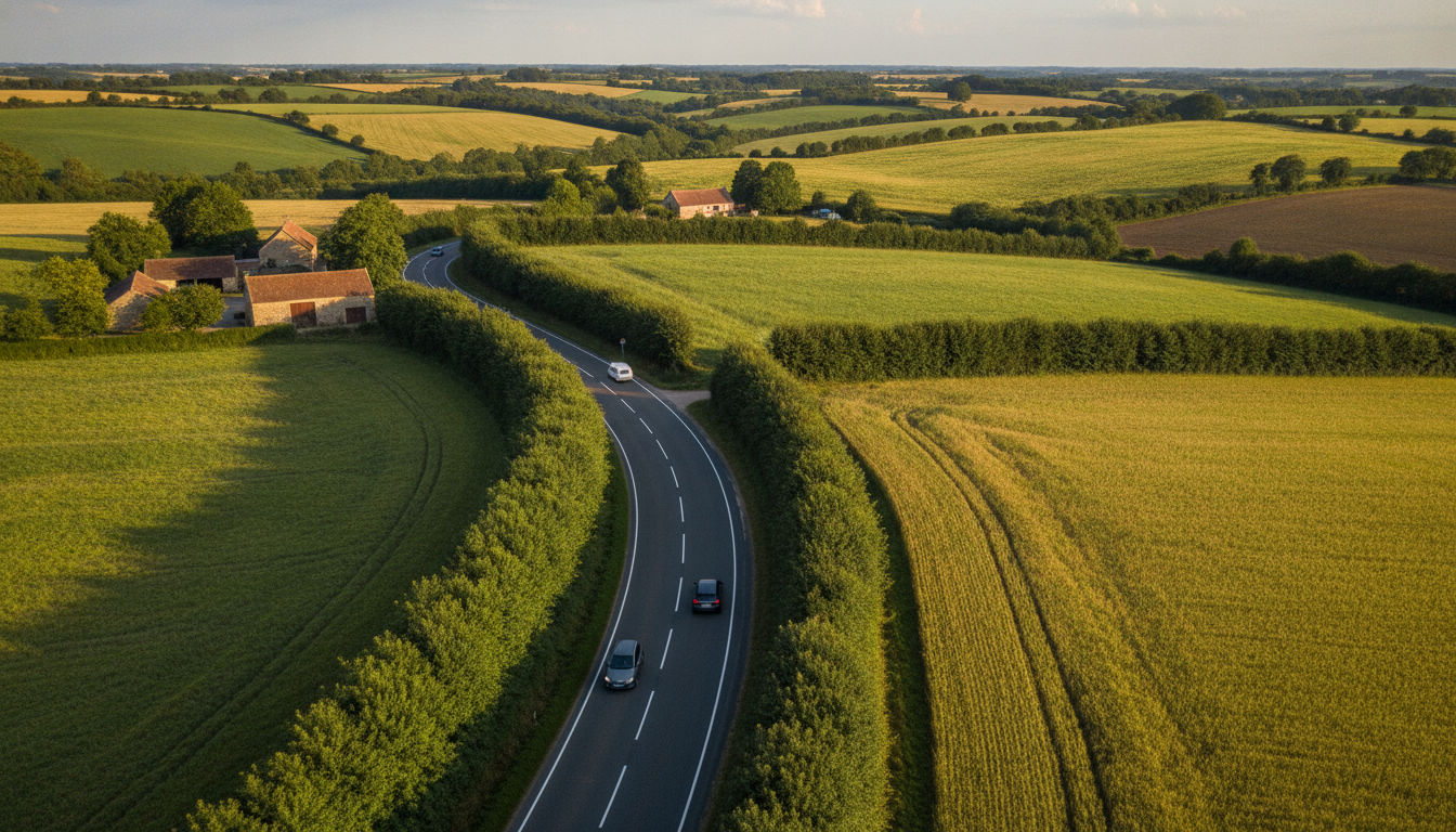 Route départementale normande à double sens vue du ciel